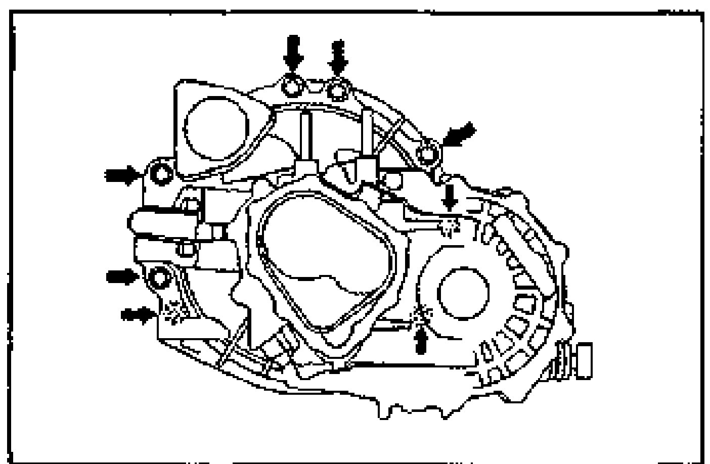 Transaxle housing end view with arrows pointing to the bolt locations to be tightened when joining the engine and transaxle.