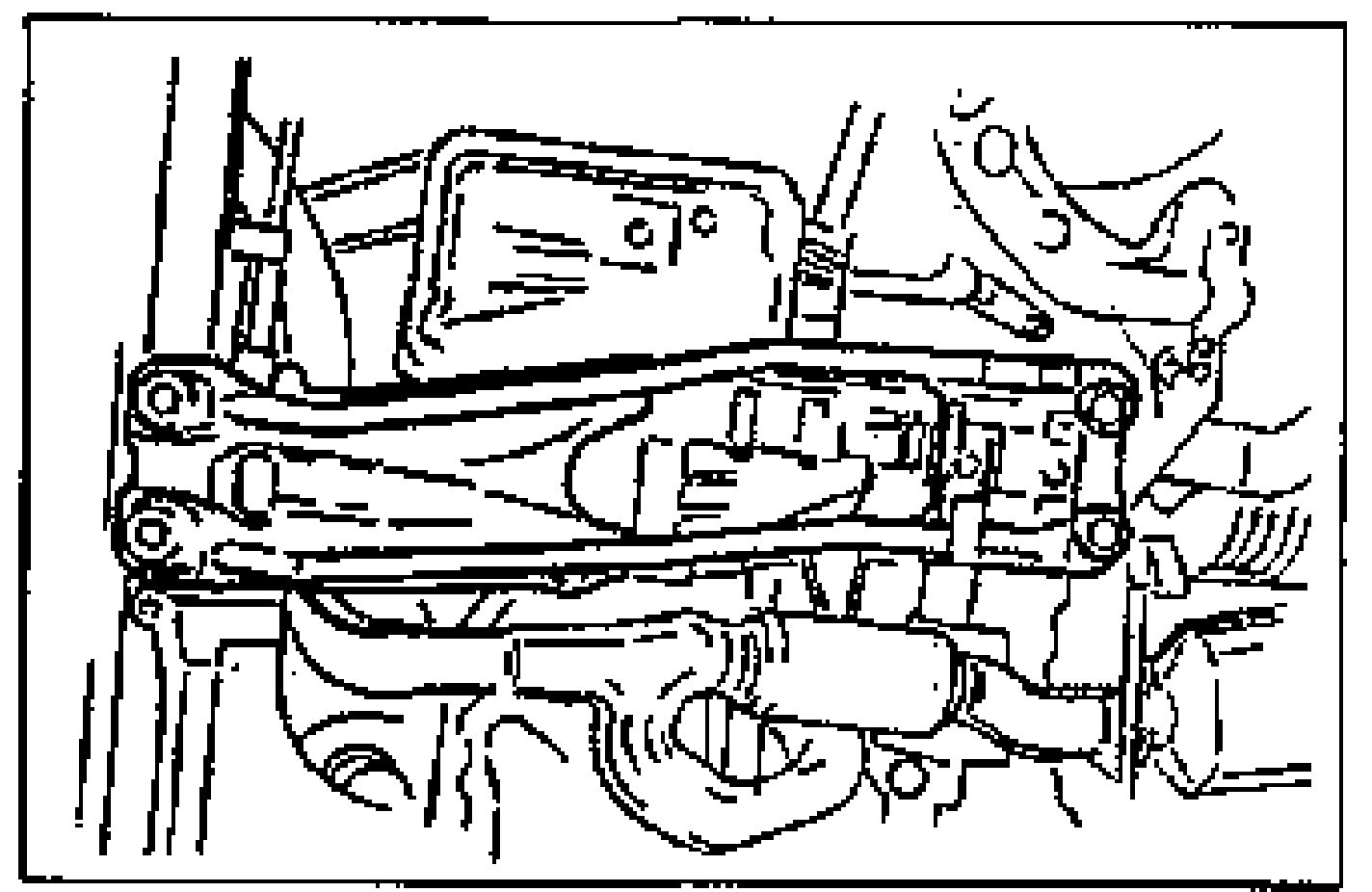Underside view of the engine mount member (front crossmember) being installed onto the vehicle, showing the member and its mounting bolts.