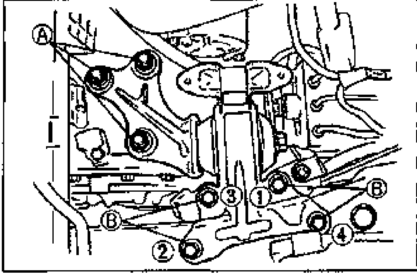 No.4 engine mount rubber and bracket installation showing nut/bolt tightening order. Callouts A mark nuts, B mark bolts, and numbered balloons 1, 2, 3, 4 indicate the tightening sequence.