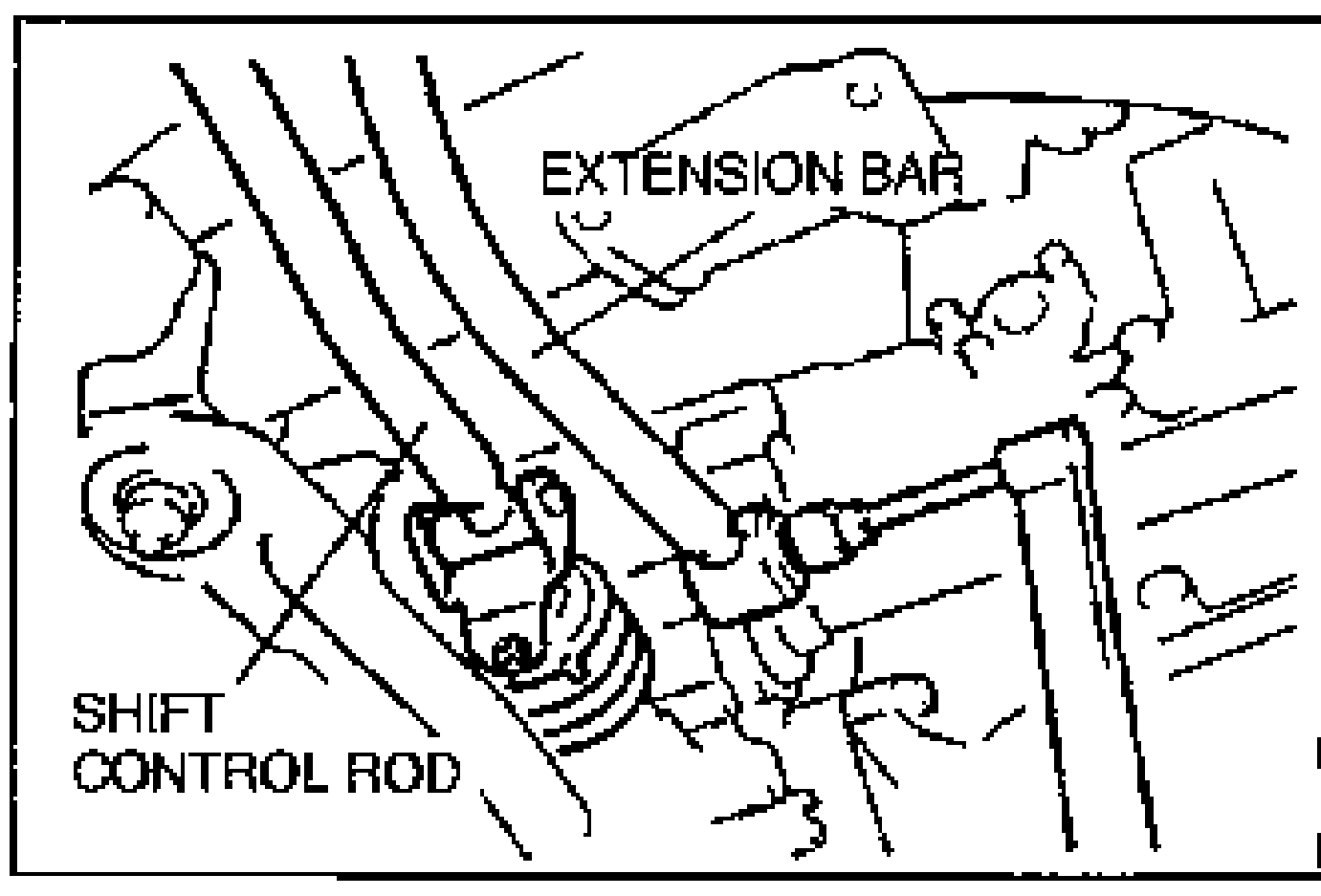Transaxle area showing the extension bar and shift control rod connections for MTX. Labels mark 'EXTENSION BAR' and 'SHIFT CONTROL ROD'.