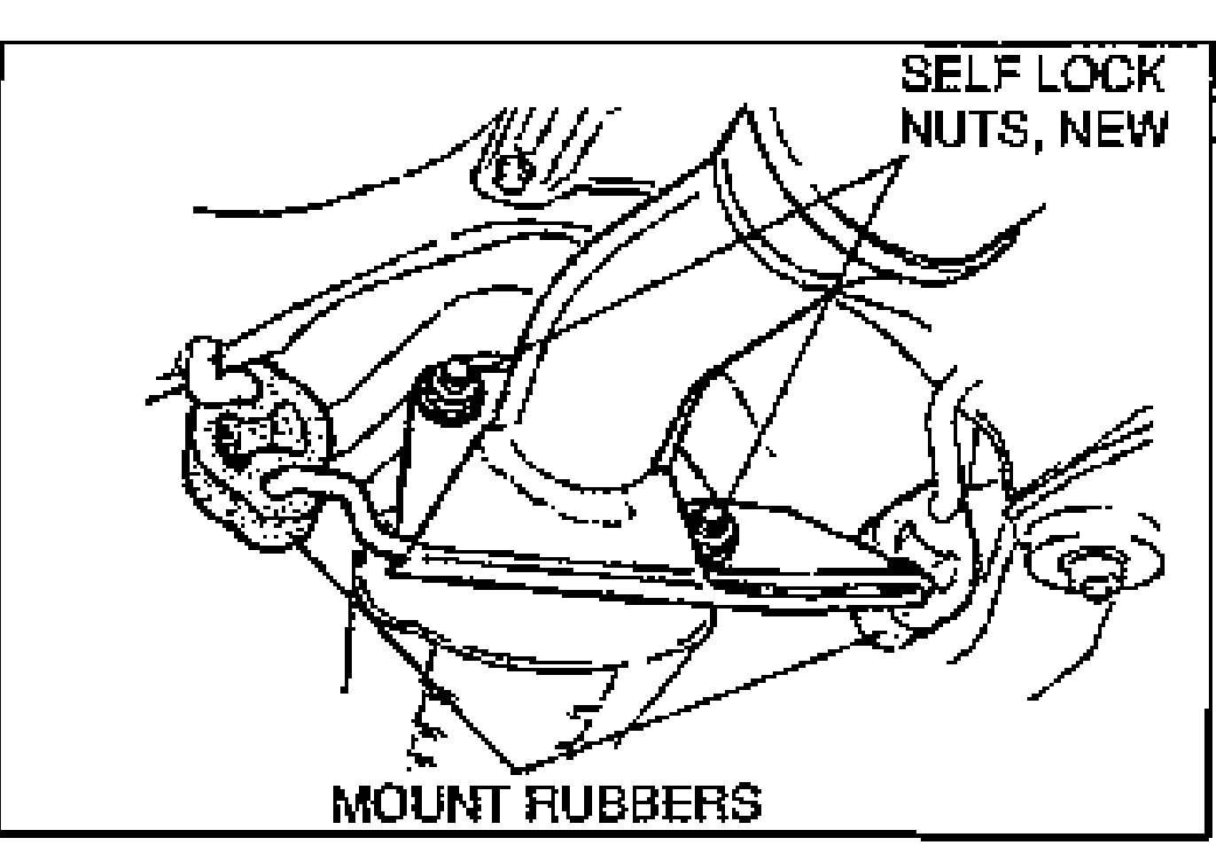 Front exhaust pipe / mount area showing mounting nuts and rubbers. Labels mark 'SELF LOCK NUTS, NEW' (top right) and 'MOUNT RUBBERS' (bottom).