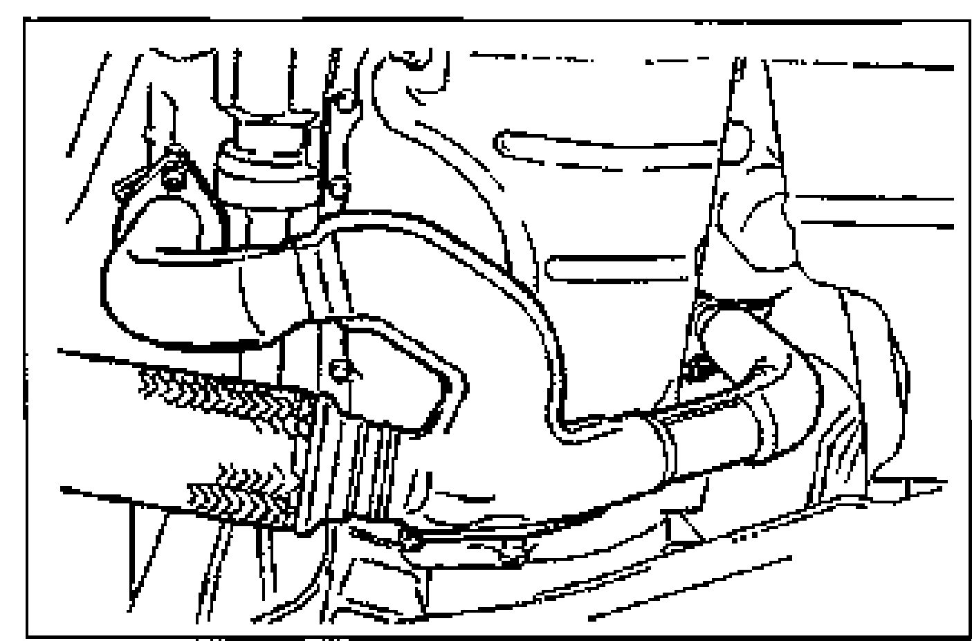 Underbody view of the front exhaust pipe routed past the transaxle/subframe area where it is installed with new gaskets.