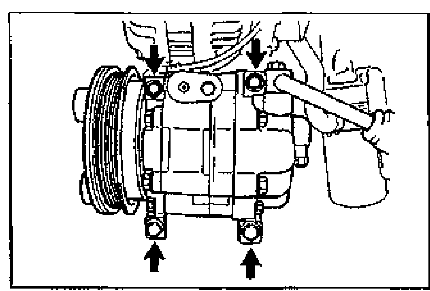 A/C compressor being installed to its bracket. Arrows point to the four compressor mounting bolts (two top, two bottom).