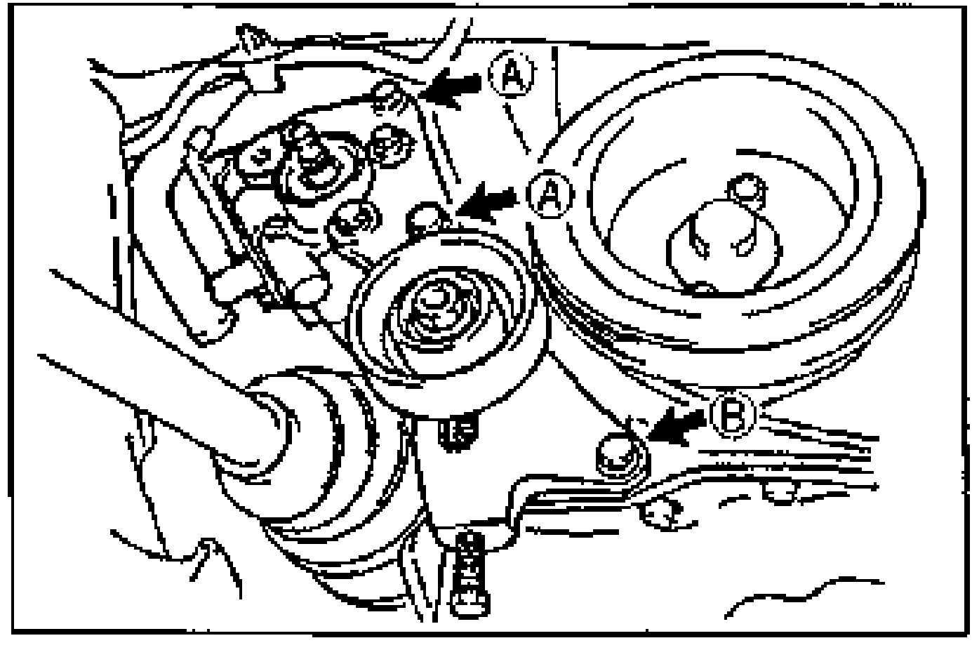 P/S oil pump and bracket installation. Arrows with balloons A point to the bolts tightened at the A torque value and balloon B points to the bolt tightened at the B torque value.