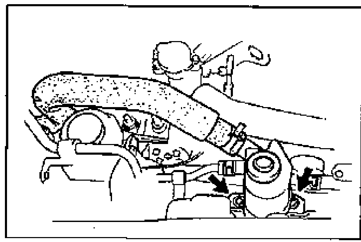 P/S oil reservoir and engine ground installation. Arrows point to the reservoir mounting bolt and the engine ground location.
