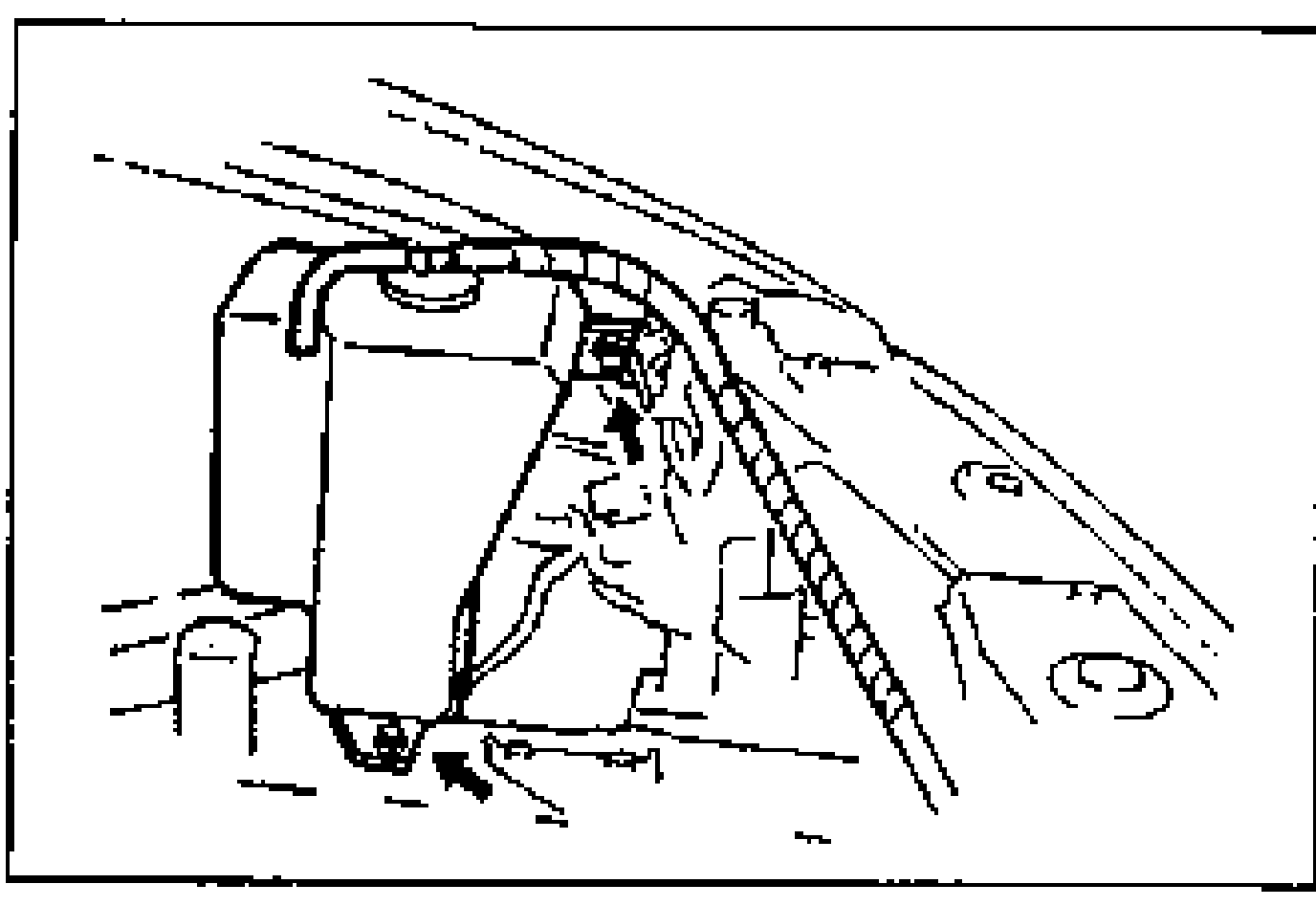 Coolant reservoir installed in the engine bay; an arrow points to the reservoir mounting bolt.