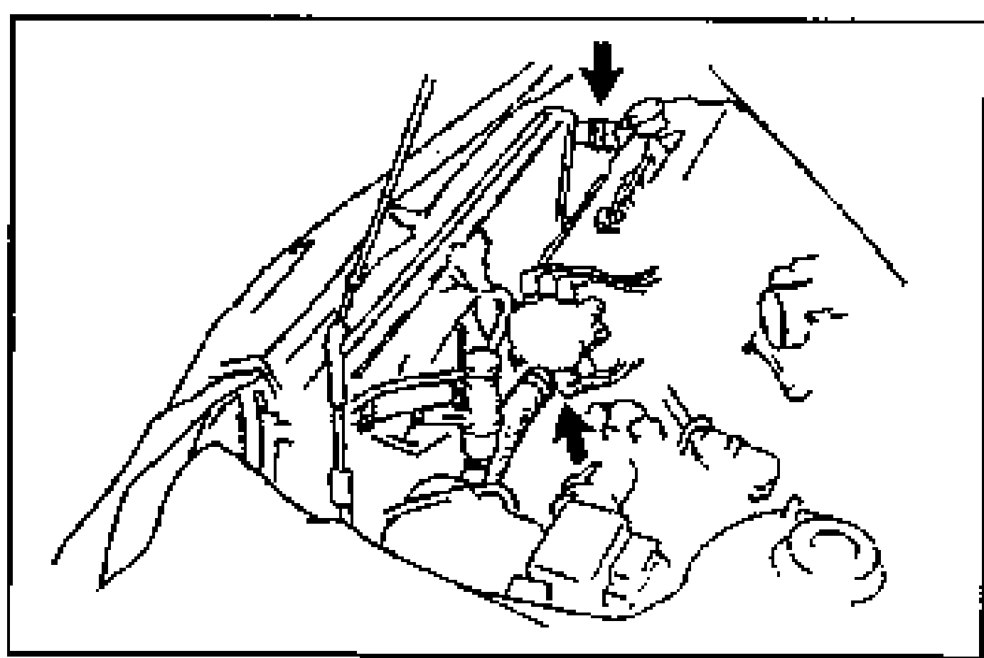 Radiator and coolant fan assembly with the shroud upper panel; arrows point to the upper-panel securing fasteners.