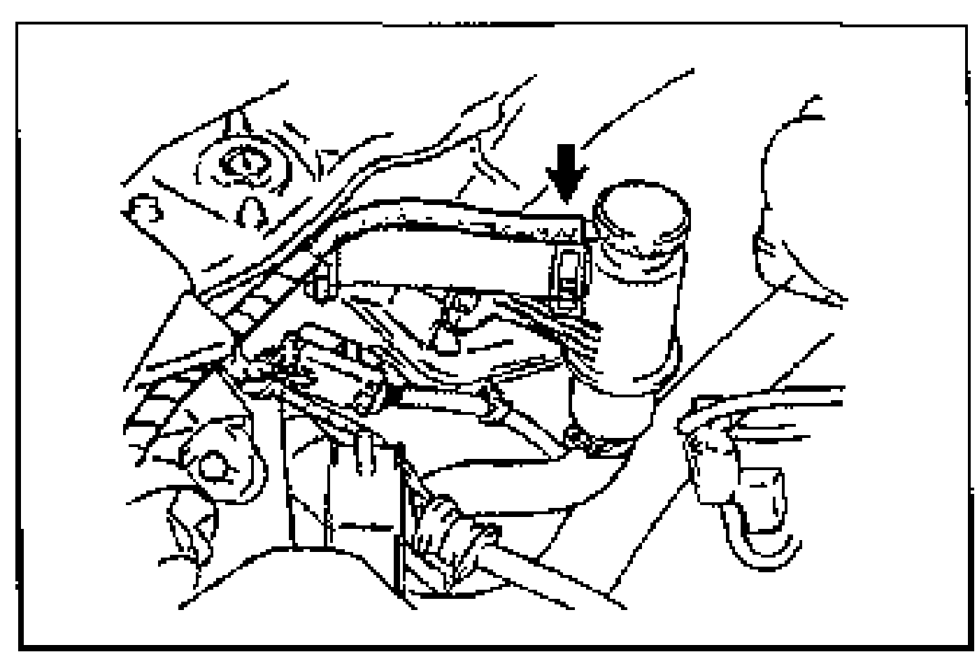 Radiator/coolant area showing the upper and lower radiator hoses and the coolant reservoir hose; an arrow points to a hose connection.