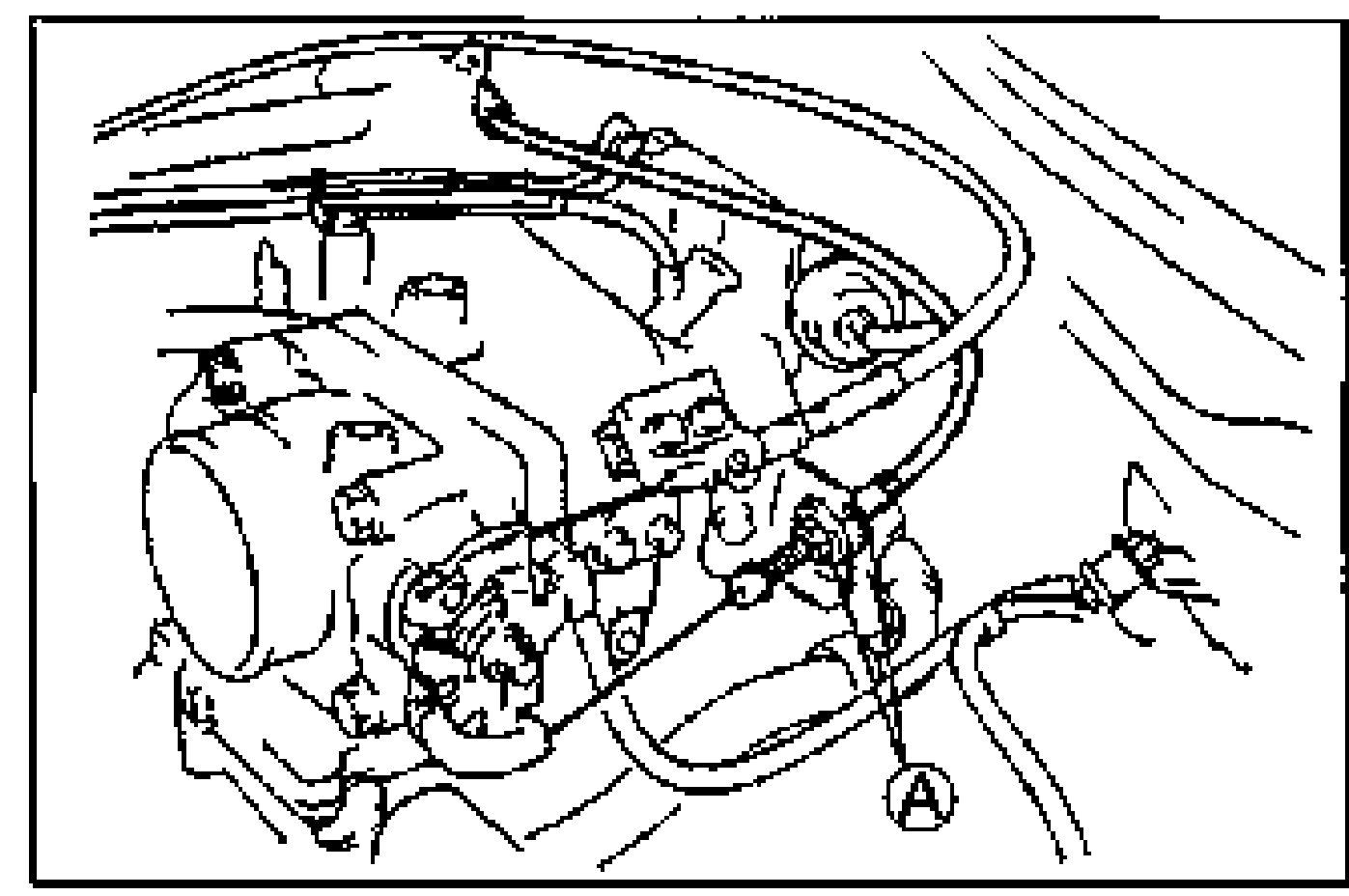 Accelerator cable installed near the throttle body; balloon A marks the adjusting nuts used to set cable deflection.