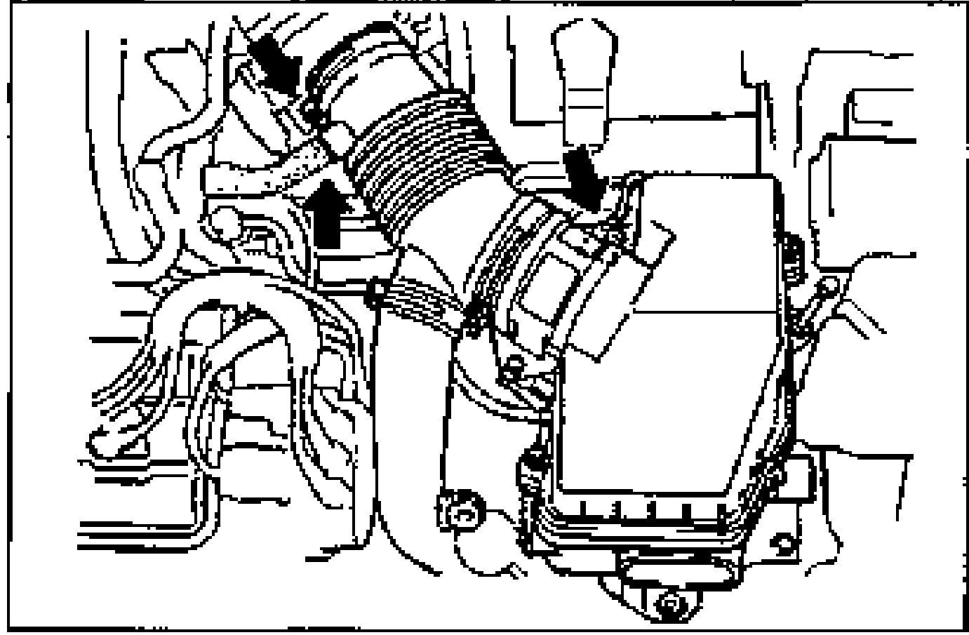 Photo of the air cleaner assembly with intake hose connected; three arrows point to hose/clamp connection points. Illustrates installing the air cleaner assembly and connecting hoses.
