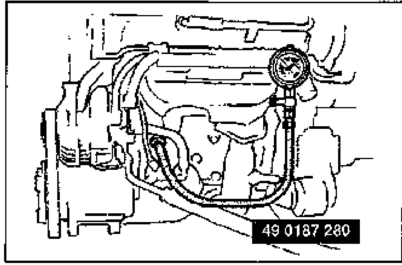 Engine-bay photo showing the SST oil pressure gauge (49 0187 280) screwed into the oil pressure switch hole with the gauge and hose routed. Illustrates installing the SST.