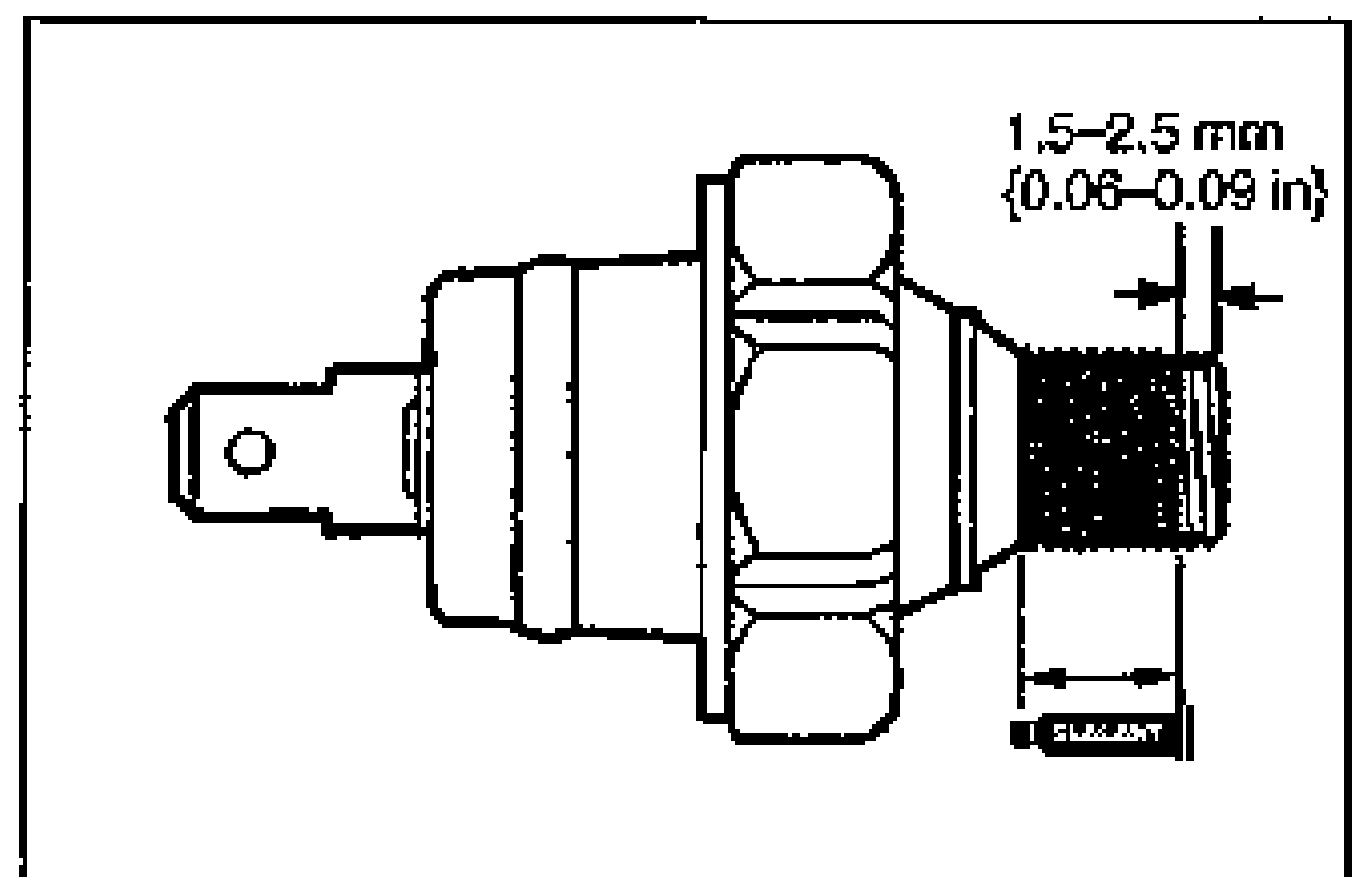 Engine-bay photo with an arrow pointing to the oil pressure switch threads where sealant is applied. Illustrates installing the oil pressure switch.