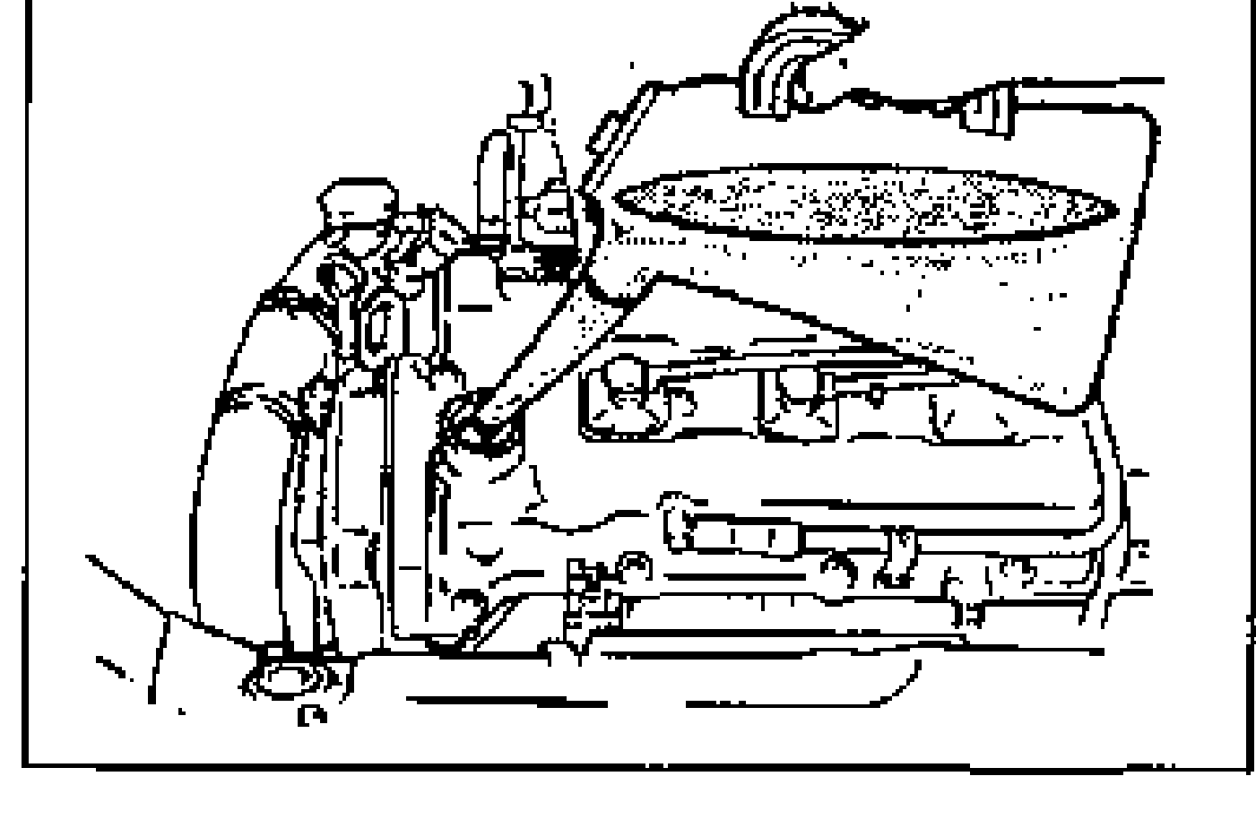 Engine top view showing oil being poured into the oil filler with a funnel. Illustrates refilling the engine with oil.