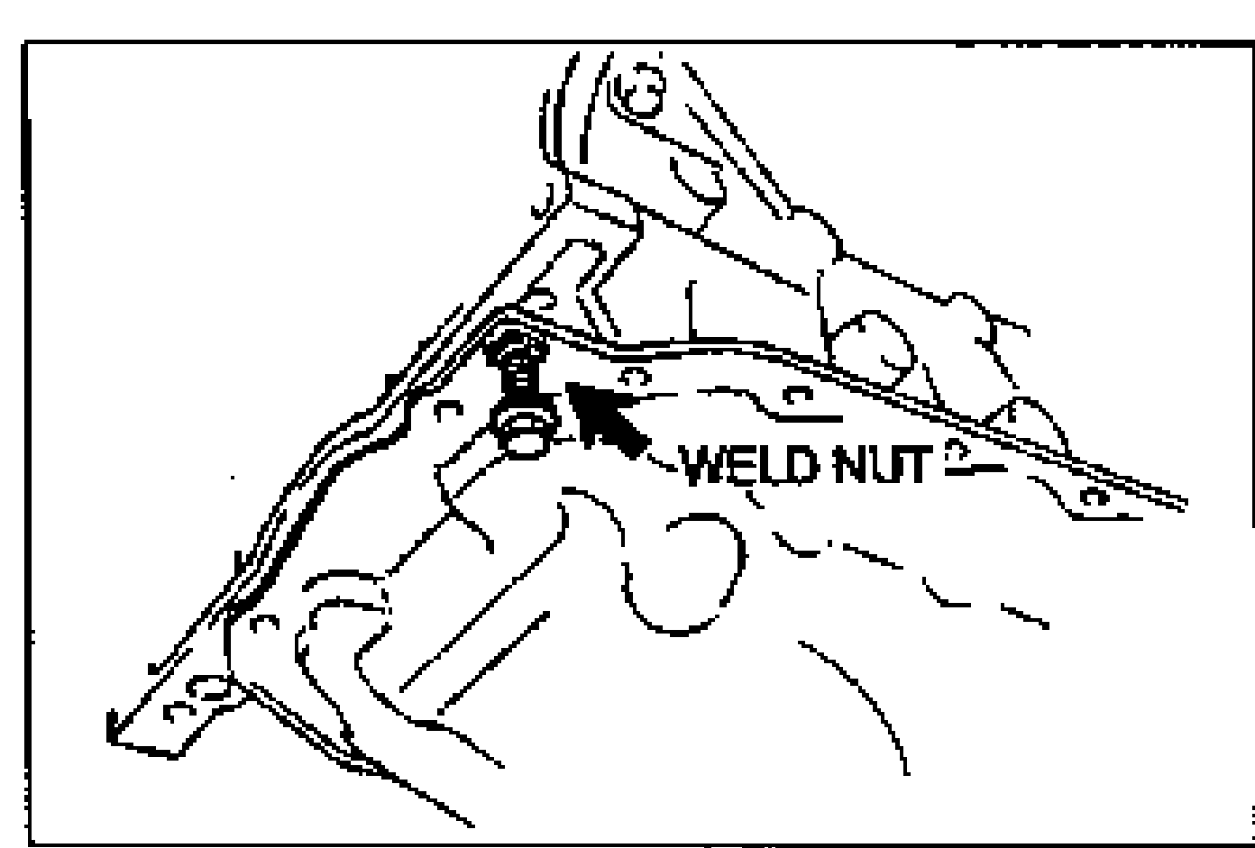 View of the oil pan to cylinder block joint with an arrow pointing to a WELD NUT on the oil pan flange. Illustrates locating the weld nut used to separate the pan from the block.