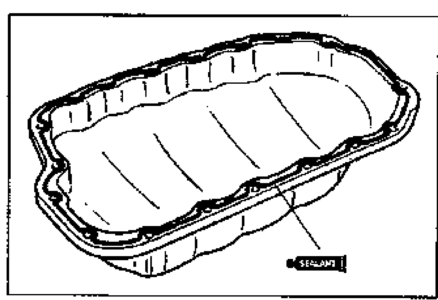 Top-down view of the oil pan flange showing the bead of silicone sealant applied around the contact/mating surface. A leader line points to a 'SEALANT' tag at the bottom edge of the pan rim.