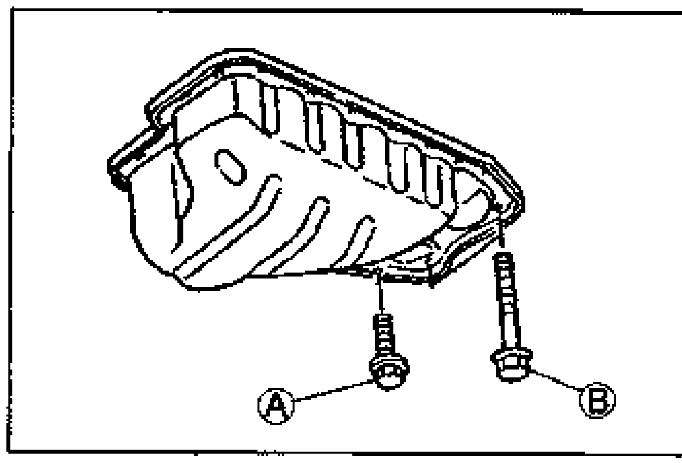 Perspective view of the oil pan with two mounting bolts drawn separated below it. Bolt (A) and bolt (B) are called out, distinguishing the two tightening-torque groups.