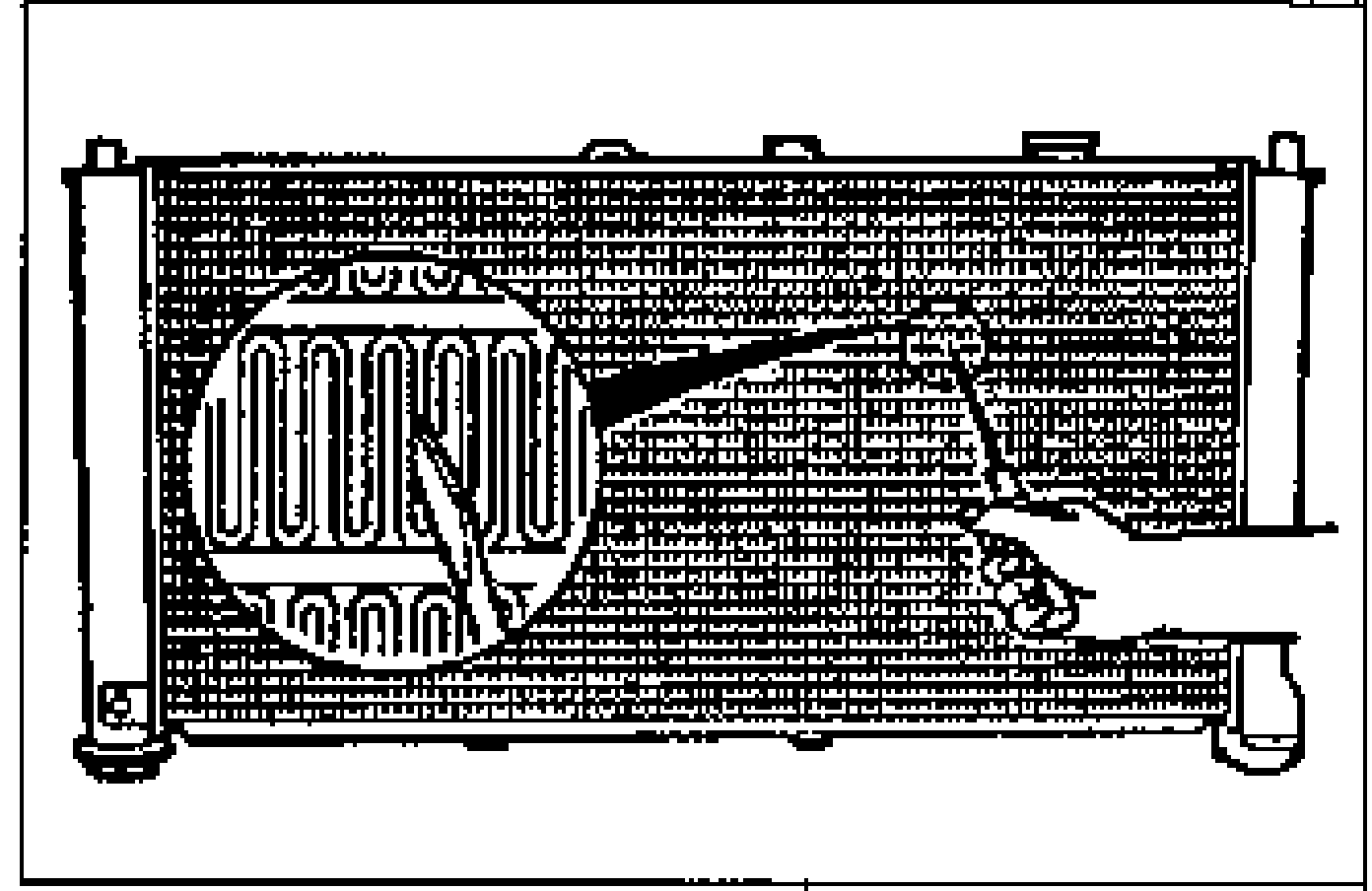 Inspection illustration of the radiator core, showing a magnified detail circle of the cooling fins and a screwdriver being used to straighten bent fins.