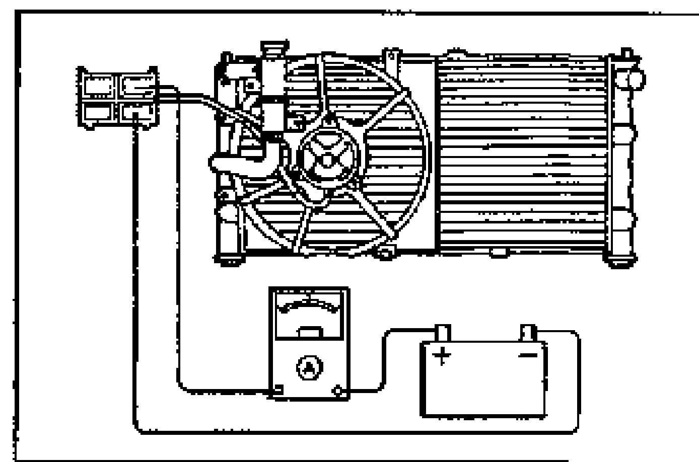 Test hookup for the MTX single-speed coolant fan motor. Shows the radiator/coolant fan assembly with its connector wired to an ammeter (A) and a battery (+/-) for current draw inspection.