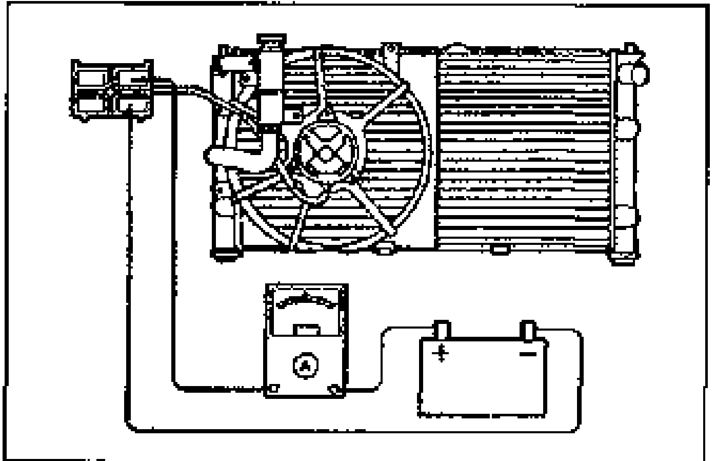 Test hookup for the ATX two-speed coolant fan motor low-speed inspection. Shows the radiator/coolant fan assembly connector wired to an ammeter (A) and battery for low-speed current measurement.