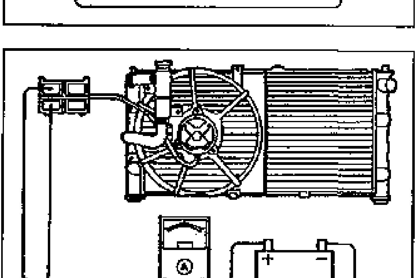Test hookup for the ATX two-speed coolant fan motor high-speed inspection. Shows the radiator/coolant fan assembly connector wired to an ammeter (A) and battery for high-speed current measurement.