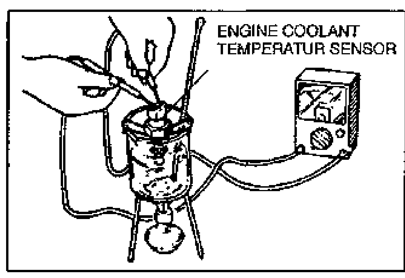 Inspection setup for the engine coolant temperature sensor: the sensor and a thermometer are placed in water with the sensor terminals connected to an ohmmeter. Label reads 'ENGINE COOLANT TEMPERATURE SENSOR'.