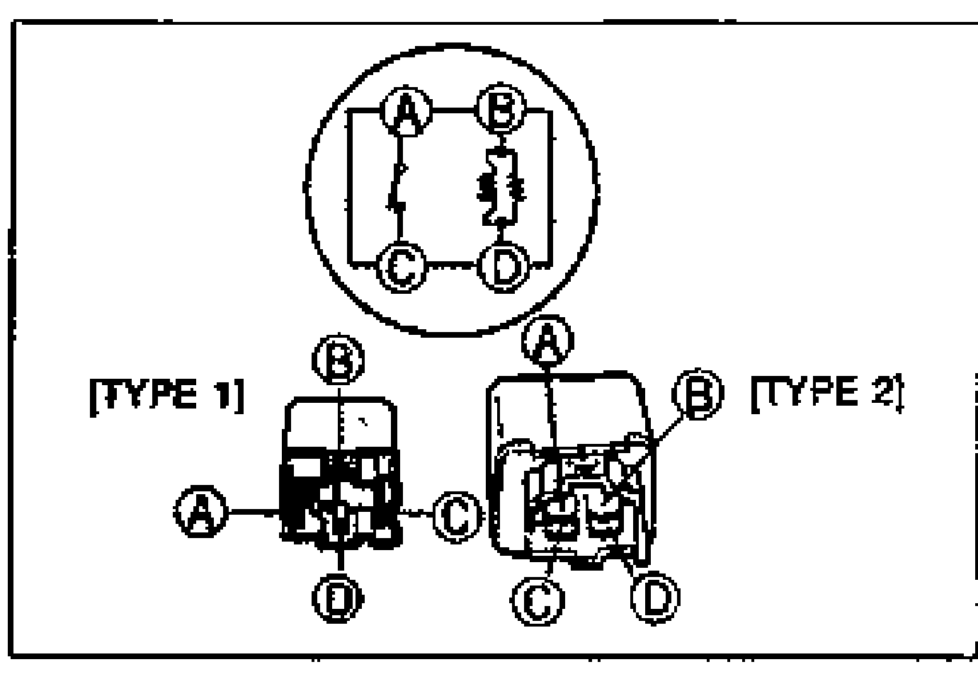 Coolant fan relay continuity diagram. Top circle shows the internal schematic with terminals A, B (top) and C, D (bottom) and the coil/contact arrangement. Below are two relay terminal layouts labeled [TYPE 1] and [TYPE 2] showing terminals A, B, C, D.