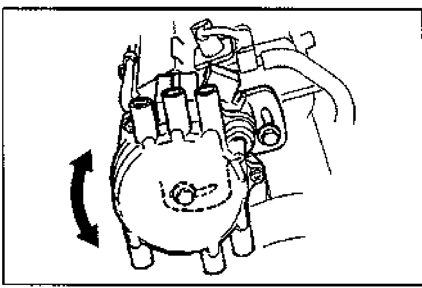 Illustration of the distributor with a curved double-headed arrow indicating rotation to adjust ignition timing. Shows the distributor cap and lock bolts.