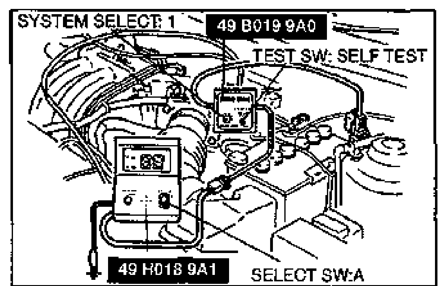 Engine-bay setup showing the System Selector (SST 49 B019 9A0) and tester connected to the engine. Labels indicate SYSTEM SELECT: 1, TEST SW: SELF TEST, SELECT SW: A, and the SST 49 H018 9A1.