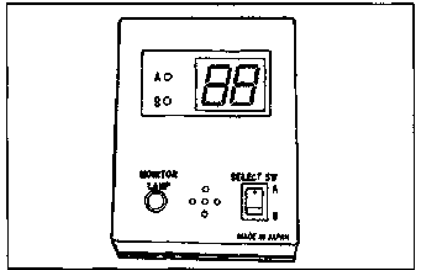Front view of the System Selector unit showing the digital display reading 88, a MONITOR LAMP, indicator LEDs (A / B), and the SELECT SW toggle (A / B). MADE IN JAPAN marking at bottom.