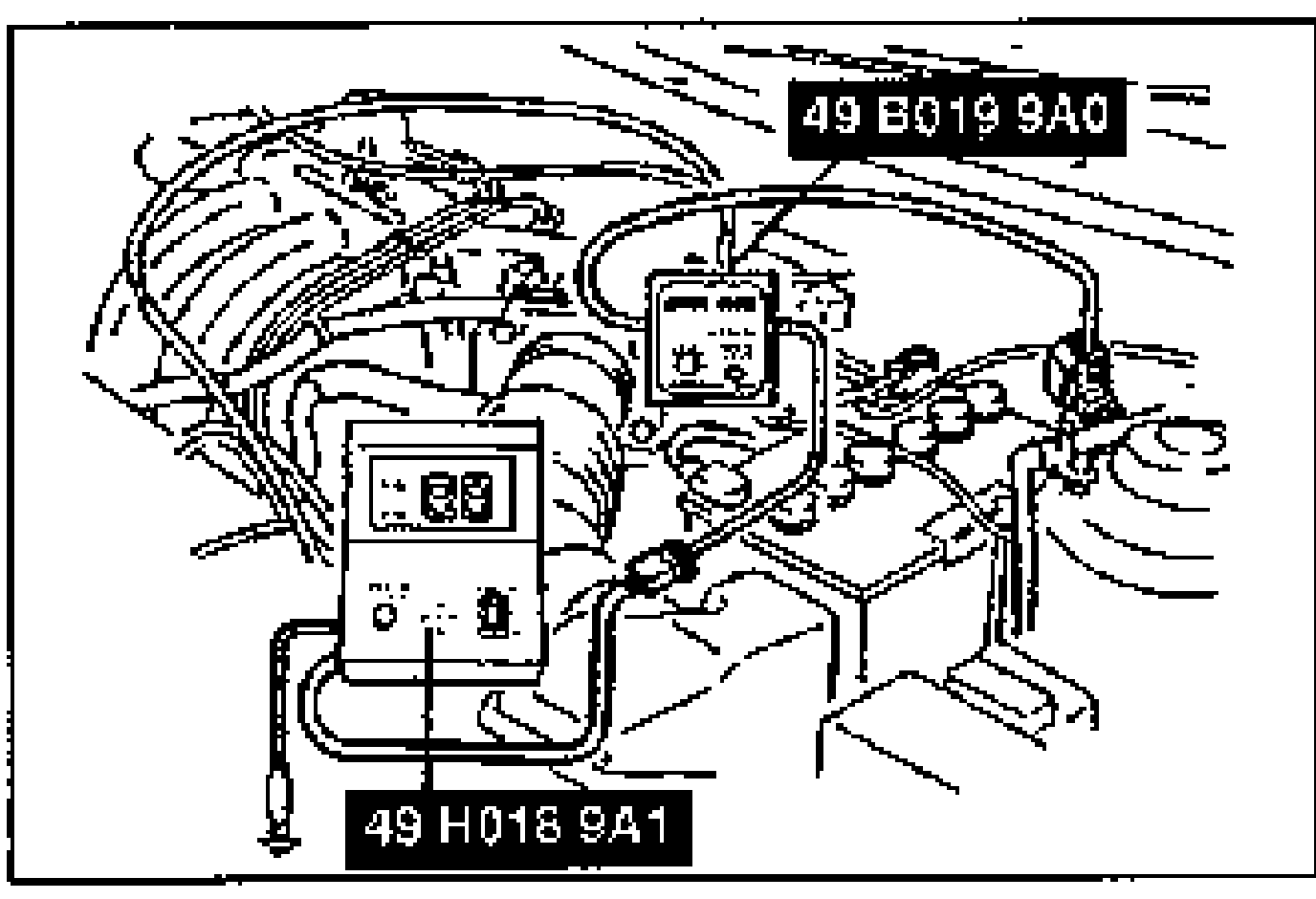 Illustration showing the SST System Selector (49 B019 9A0) and the Self-Diagnosis Checker (49 H018 9A1) connected for the switch monitor inspection procedure.
