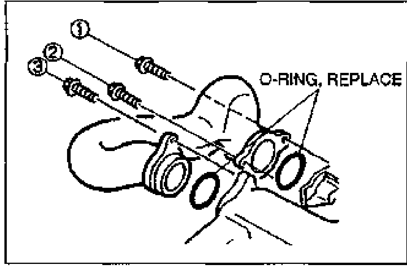 Air intake pipe installation diagram showing the pipe with O-rings and bolts. Bolt tightening sequence numbered 1, 2, 3. 'O-RING, REPLACE' note arrowed to the O-ring locations.