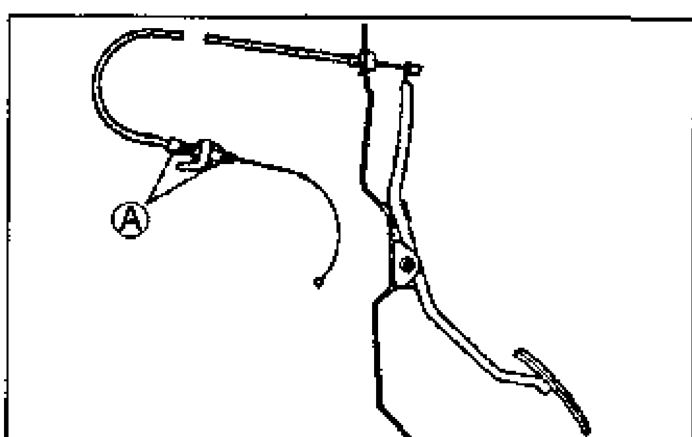 Detail of the accelerator cable at the throttle/pedal showing adjustment nut labeled A used to set the cable play.