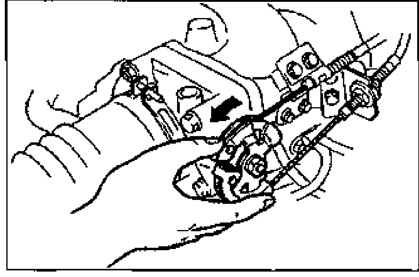 Hand opening the throttle valve at the throttle linkage, with an arrow indicating the direction of motion.