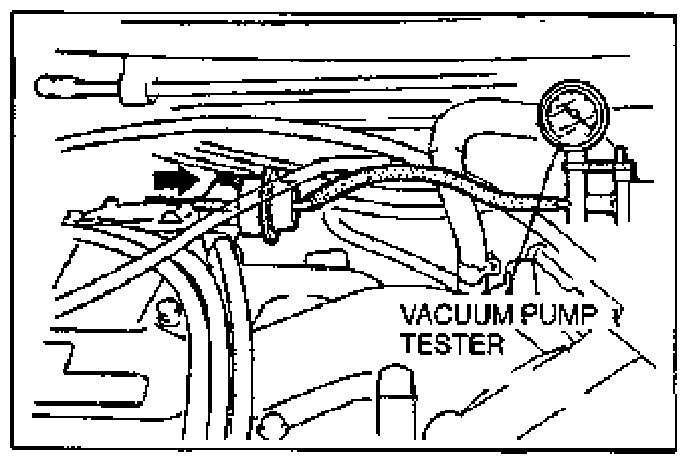 Second engine bay view of the vacuum pump tester connected to the VRIS shutter valve actuator with an arrow indicating the connection point. Labeled 'VACUUM PUMP TESTER'.