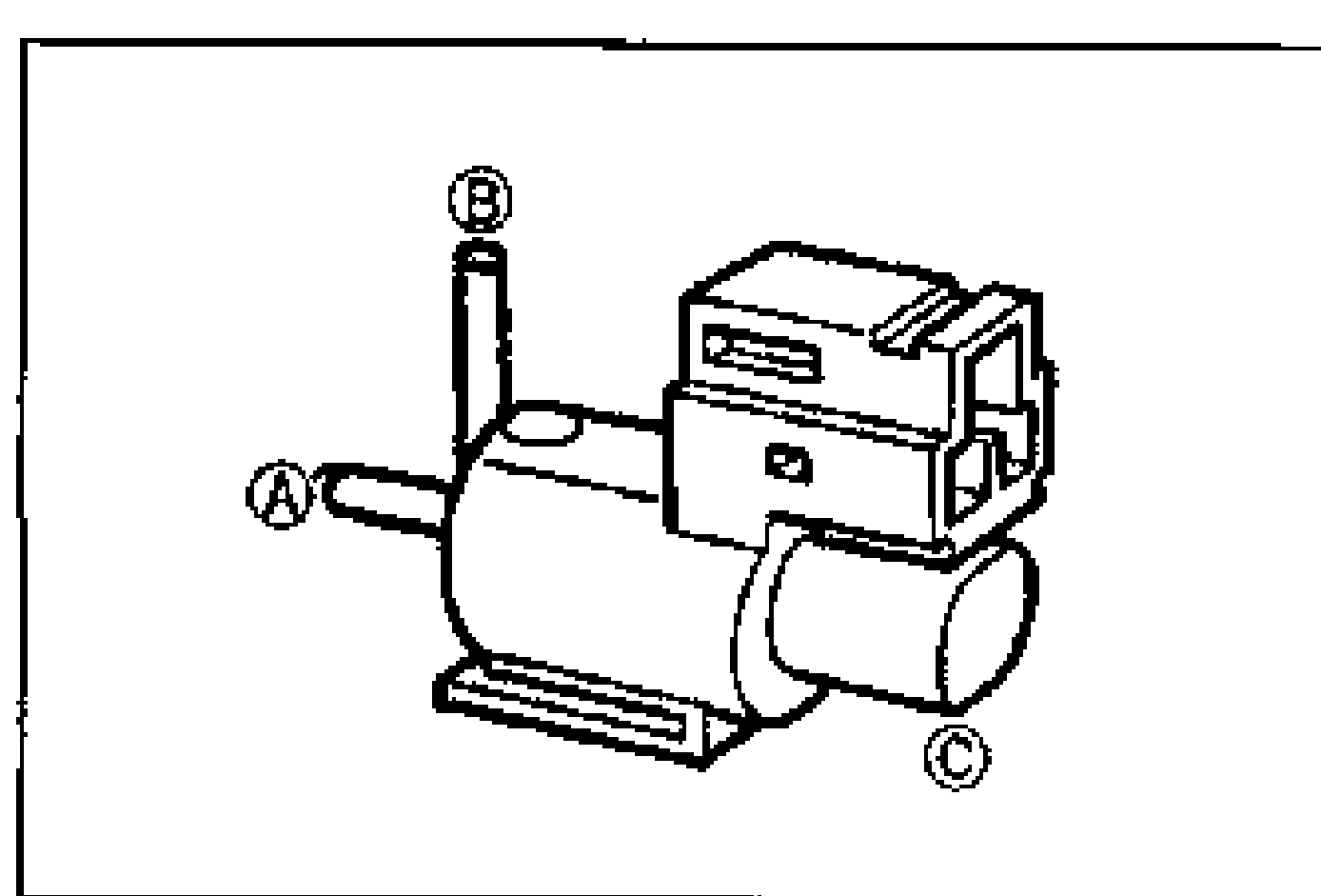 VRIS solenoid valve drawing with three ports labeled A, B, and C (circled). Used for the air-flow inspection between ports A-B, A-C, B-C.