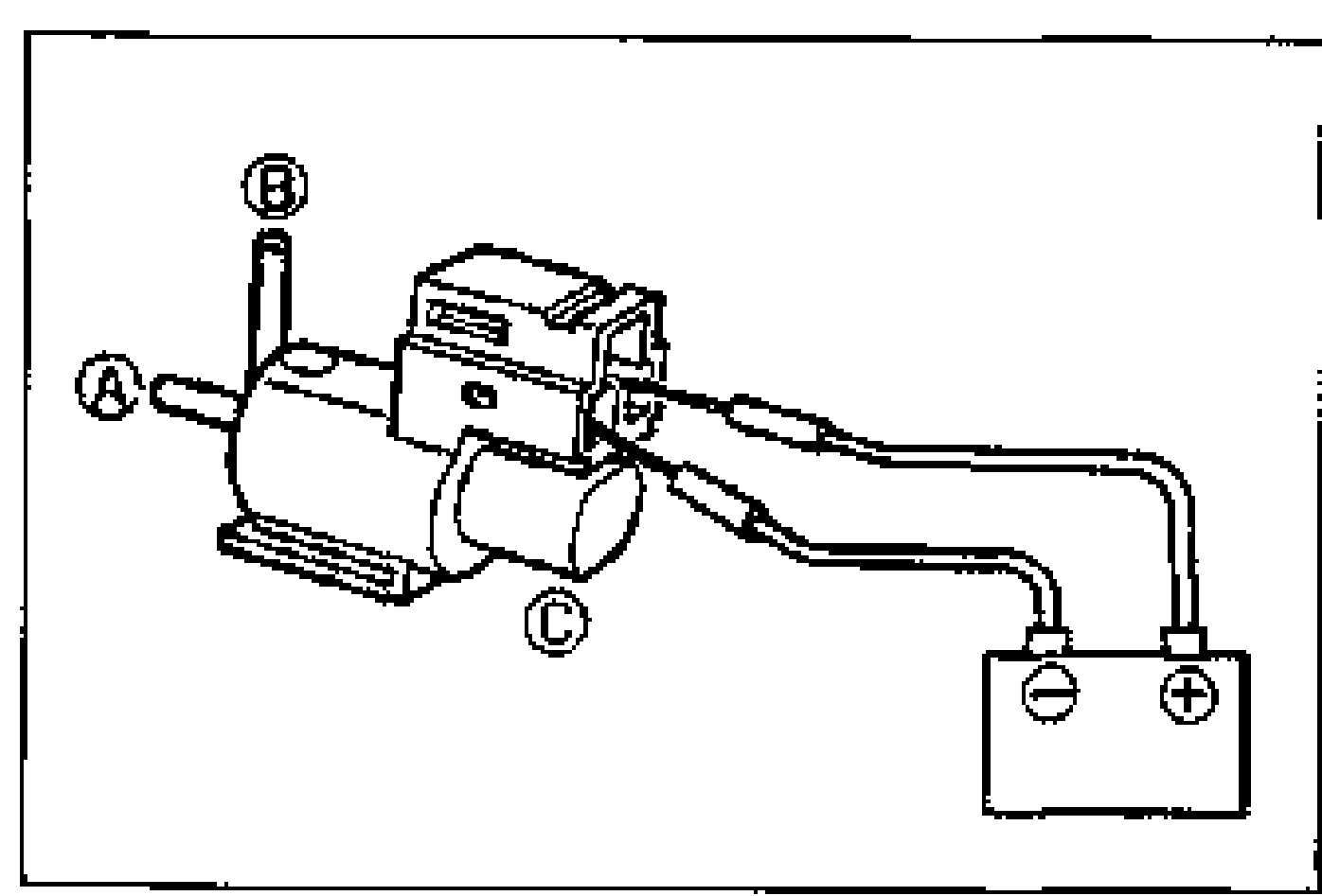 VRIS solenoid valve drawing with ports A, B, C and battery connected to the solenoid terminals (battery shown with - and + terminals). Used for the energized air-flow inspection.