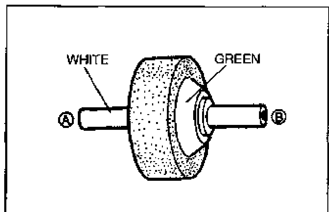 Check valve cutaway/drawing with port A (left) and port B (right). The white side is labeled 'WHITE' (port A) and the green side 'GREEN' (port B).