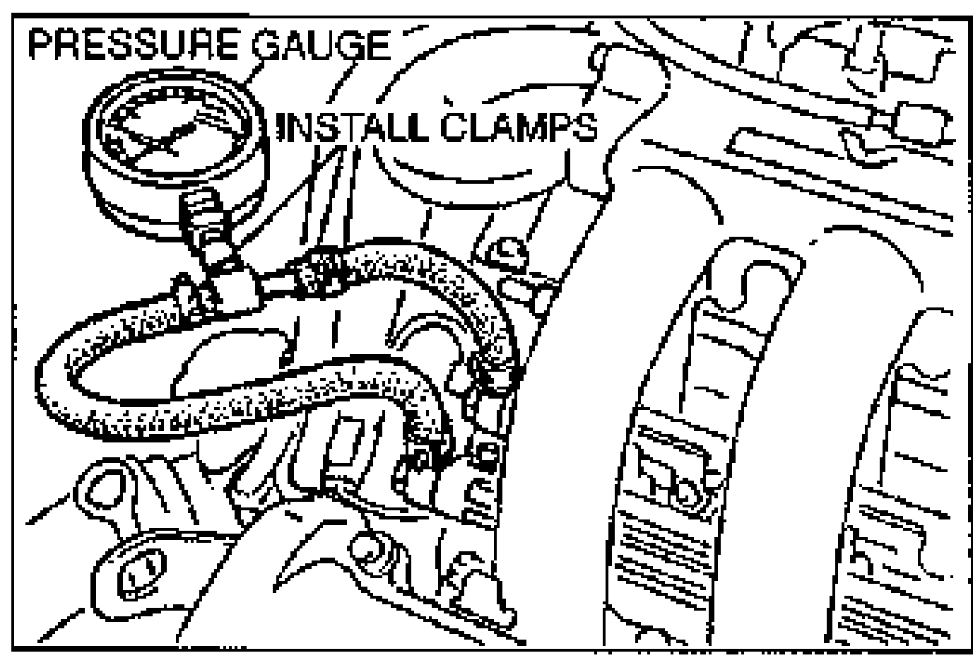 Engine-bay view showing a PRESSURE GAUGE installed inline on the fuel hose with INSTALL CLAMPS callouts marking the hose clamp positions.