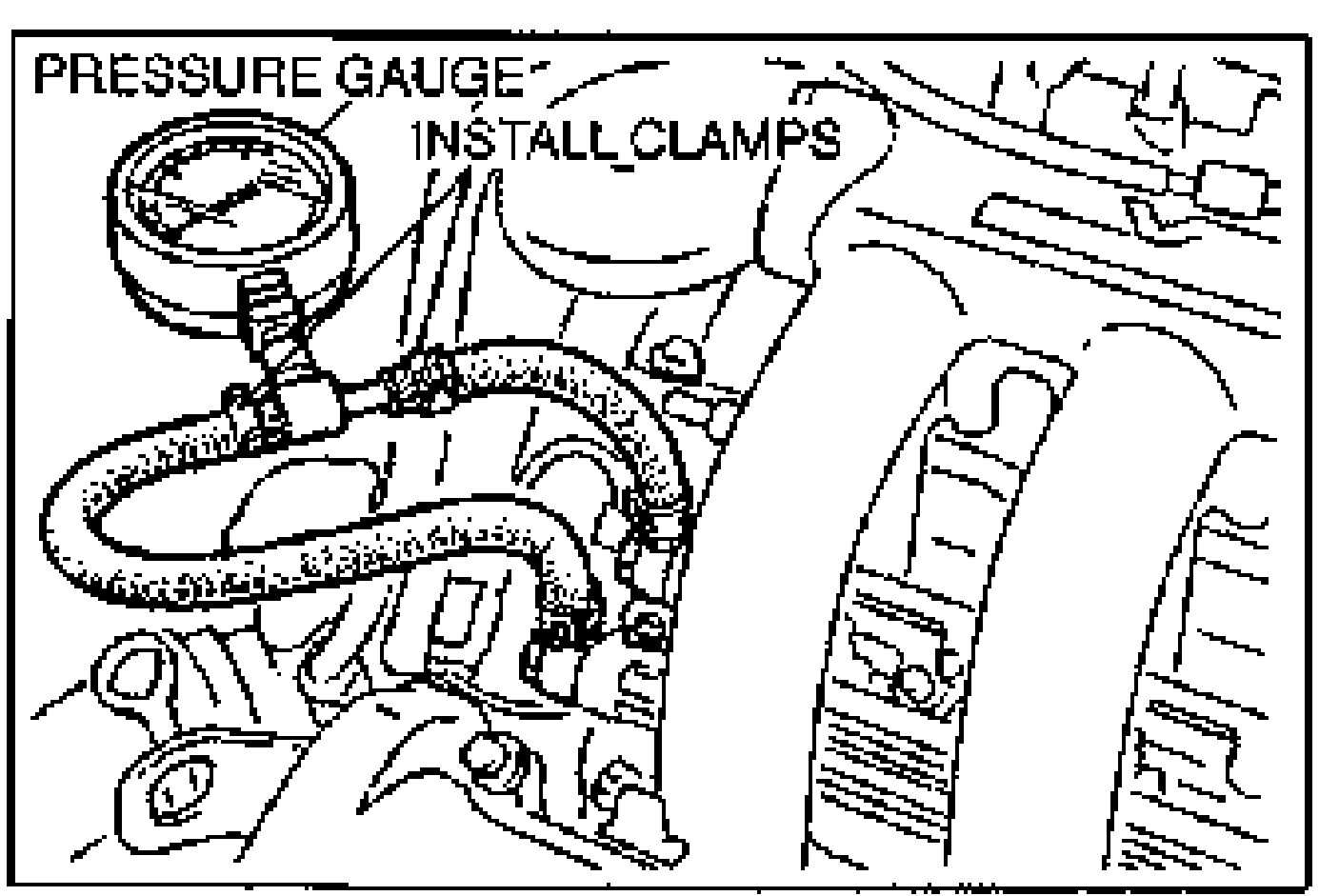 Engine-bay view showing a PRESSURE GAUGE installed inline on the fuel line with INSTALL CLAMPS callouts, for the fuel line pressure inspection.