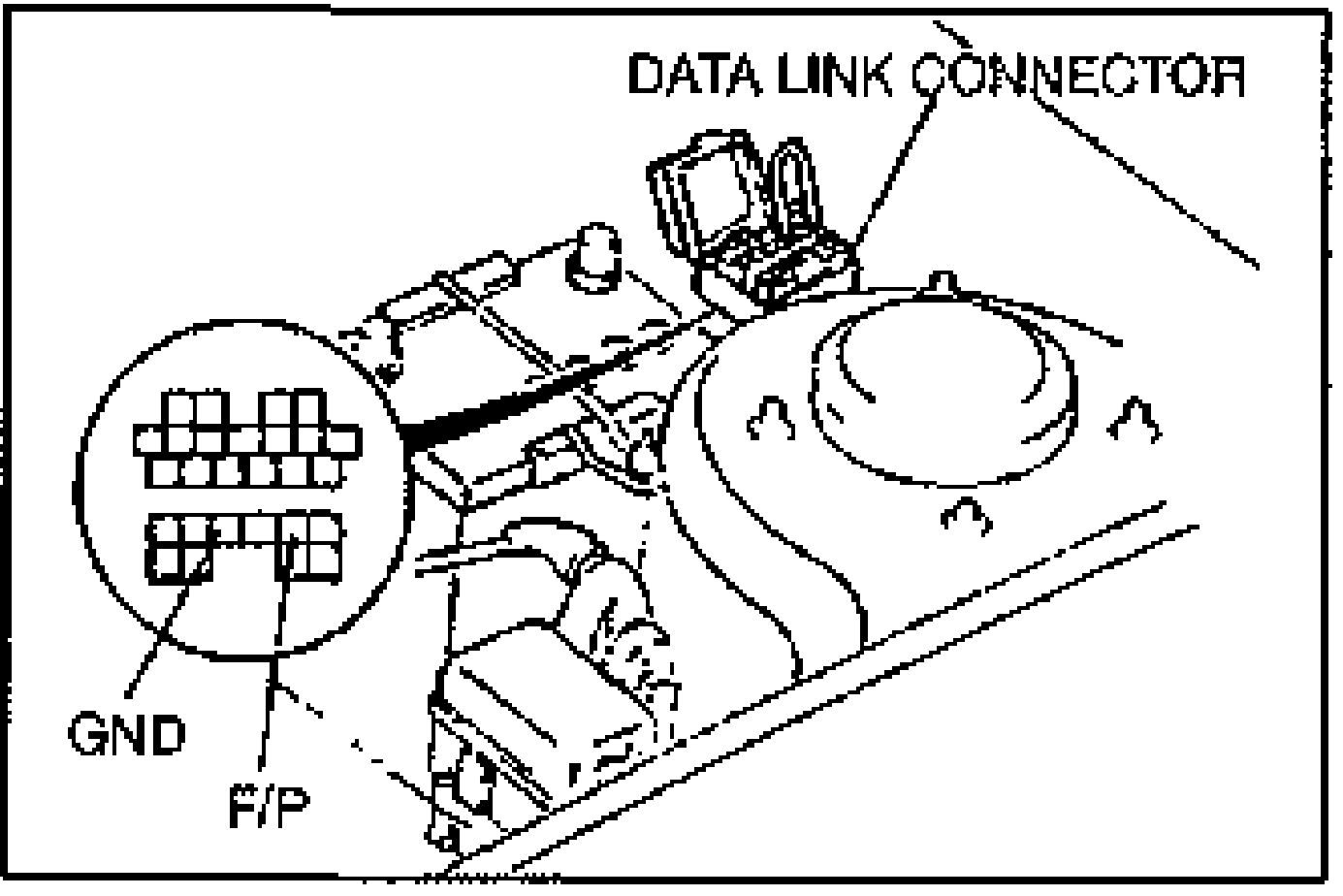Engine-bay view showing the DATA LINK CONNECTOR location with a magnified inset of its pinout identifying GND and F/P terminals.