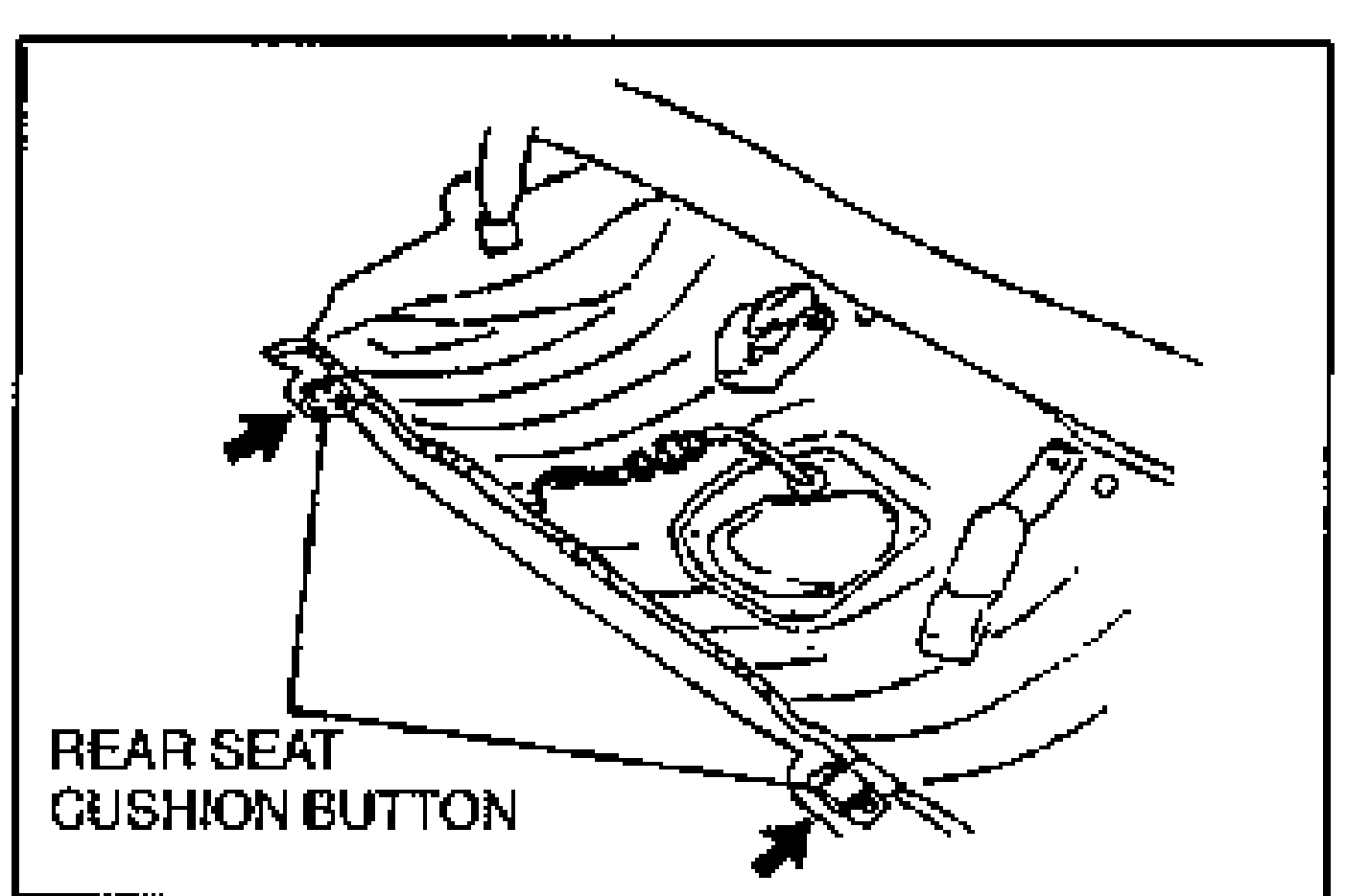 Rear seat area view with two arrows pointing to the REAR SEAT CUSHION BUTTON locations to be released when removing the rear seat cushion.