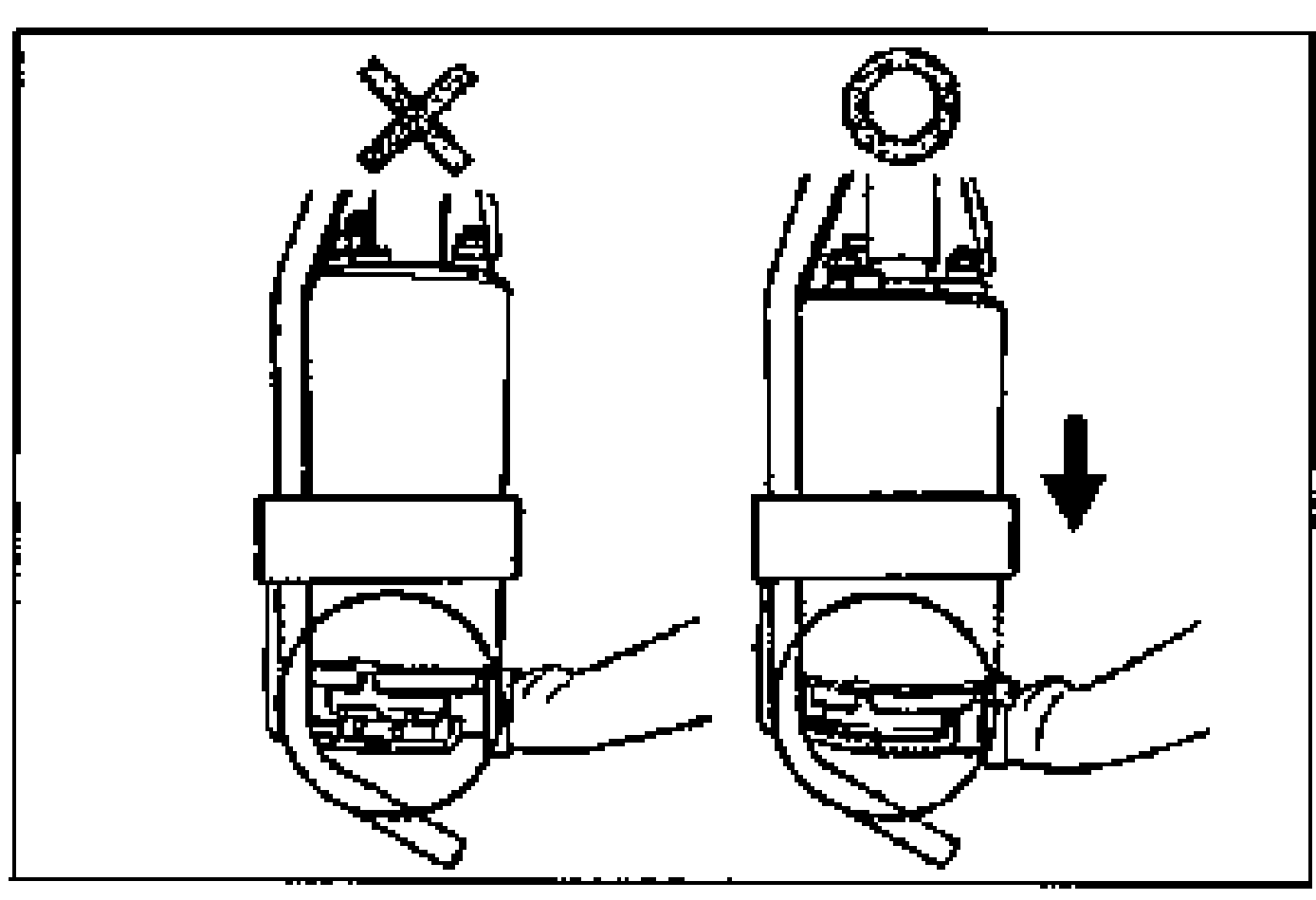 Fuel pump assembly detail. Left: an X (do-not) showing the pump not seated against the bracket. Right: correct condition with an arrow showing the pump pulled down tight against the bracket.