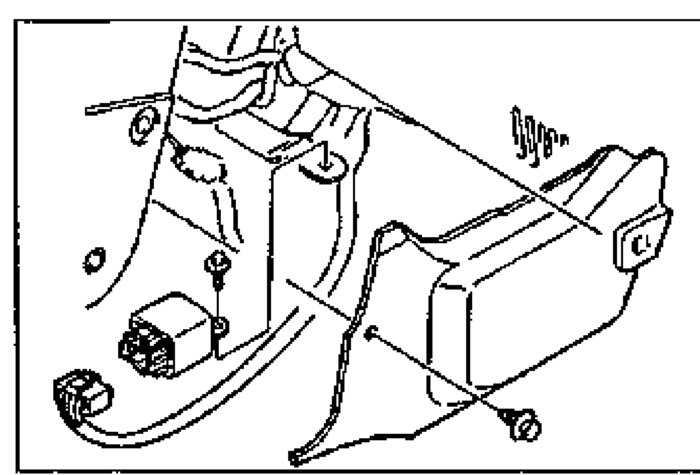 Line drawing showing the fuel pump relay location behind the passenger side wall, with the relay connector and ECM bracket. An arrow points to a screw/fastener at the lower area.