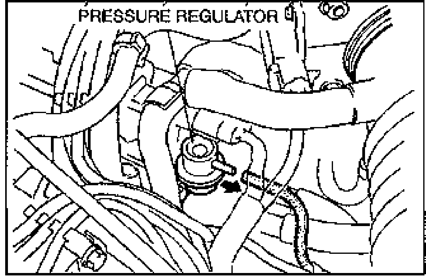Engine bay drawing showing the pressure regulator with its vacuum hose. A label points to PRESSURE REGULATOR; an arrow points to the vacuum hose connection.