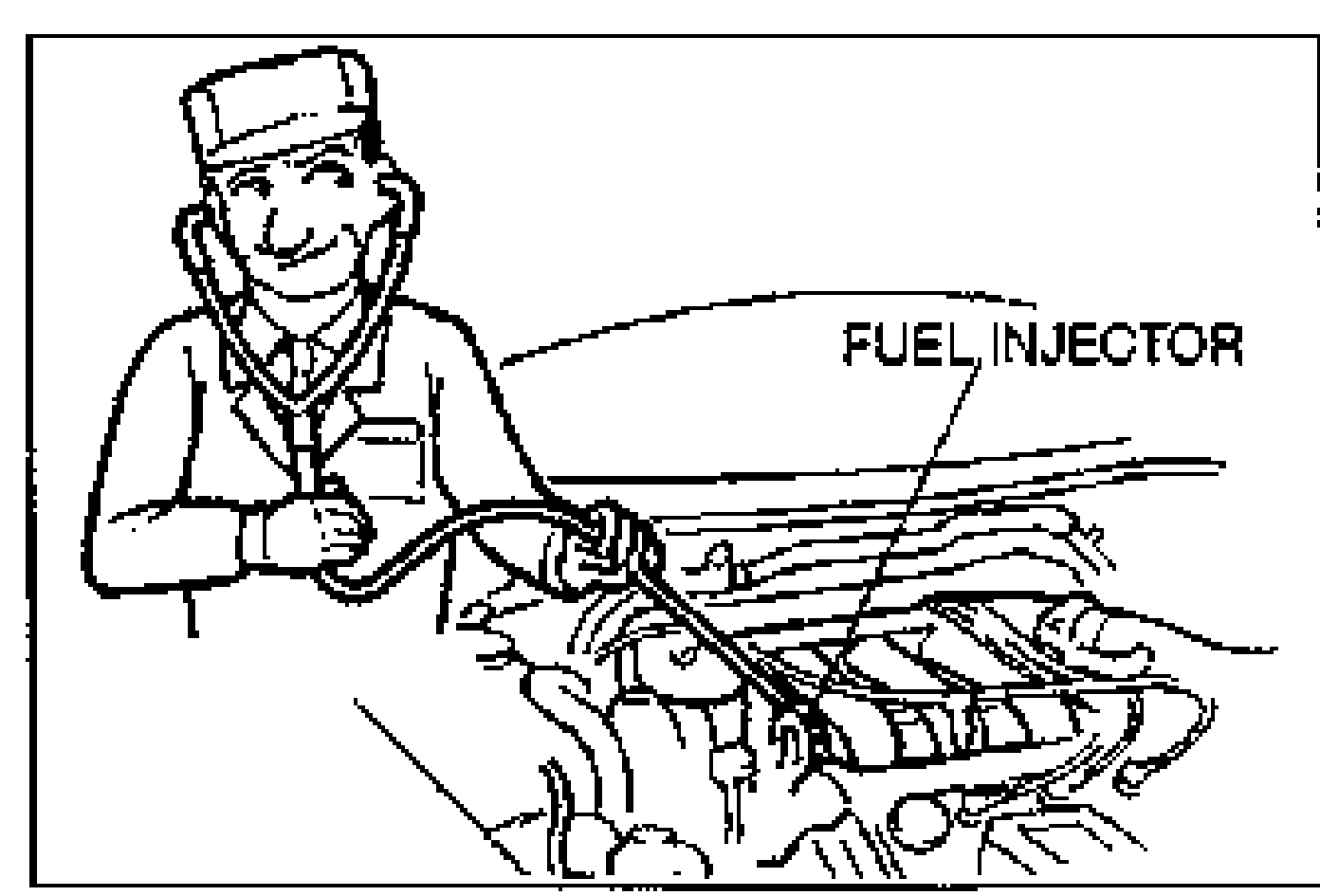Drawing of a technician using a soundscope/screwdriver against the engine to listen for the operational sound of the fuel injector. Label points to FUEL INJECTOR.