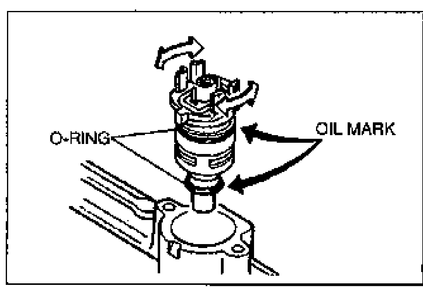 Drawing of a fuel injector being fitted into the fuel distributor. Callouts point to the O-RING and the OIL MARK; an arrow shows the seating direction.