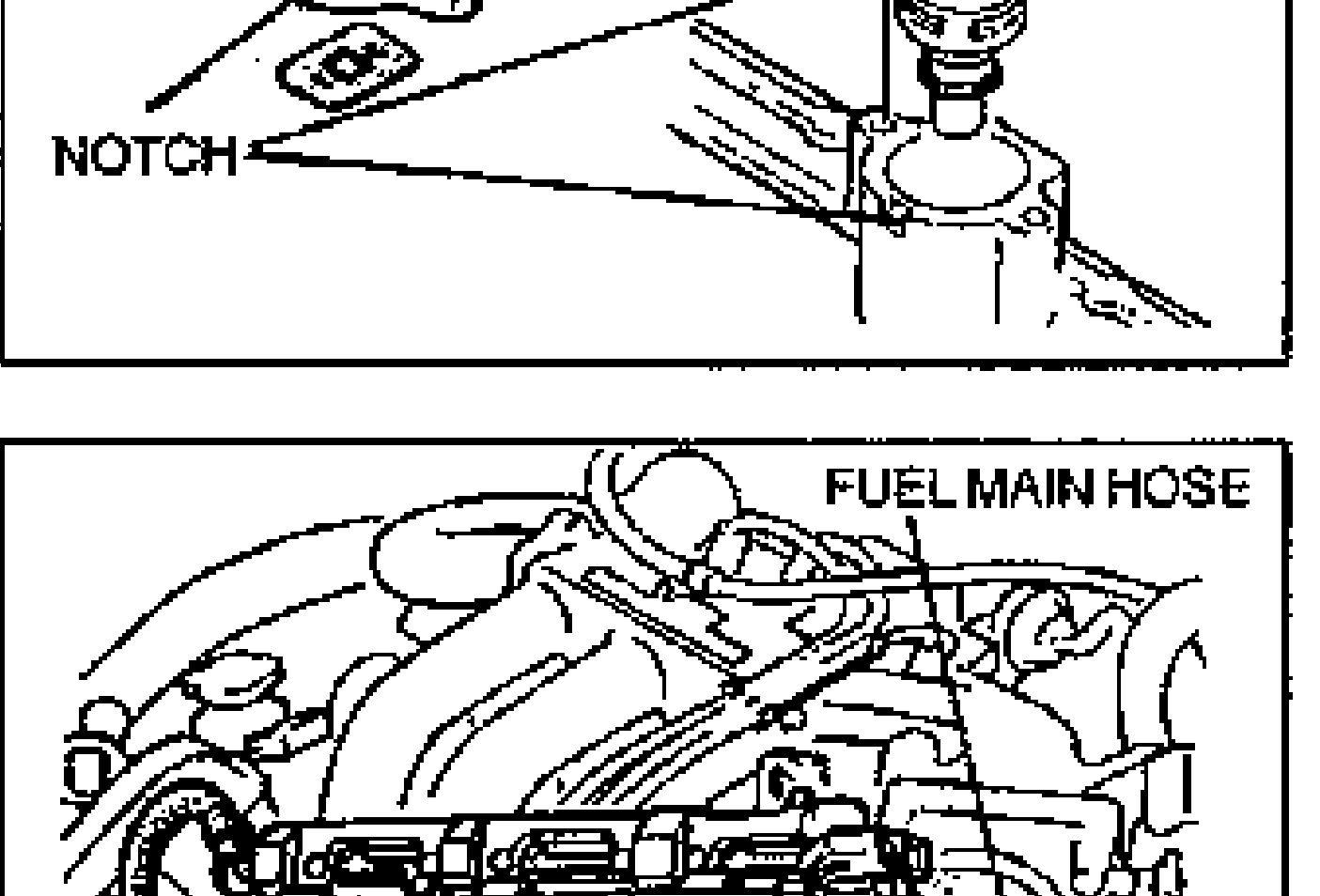 Drawing showing the fuel injector tab and the fuel distributor notch alignment. Callout points to NOTCH.