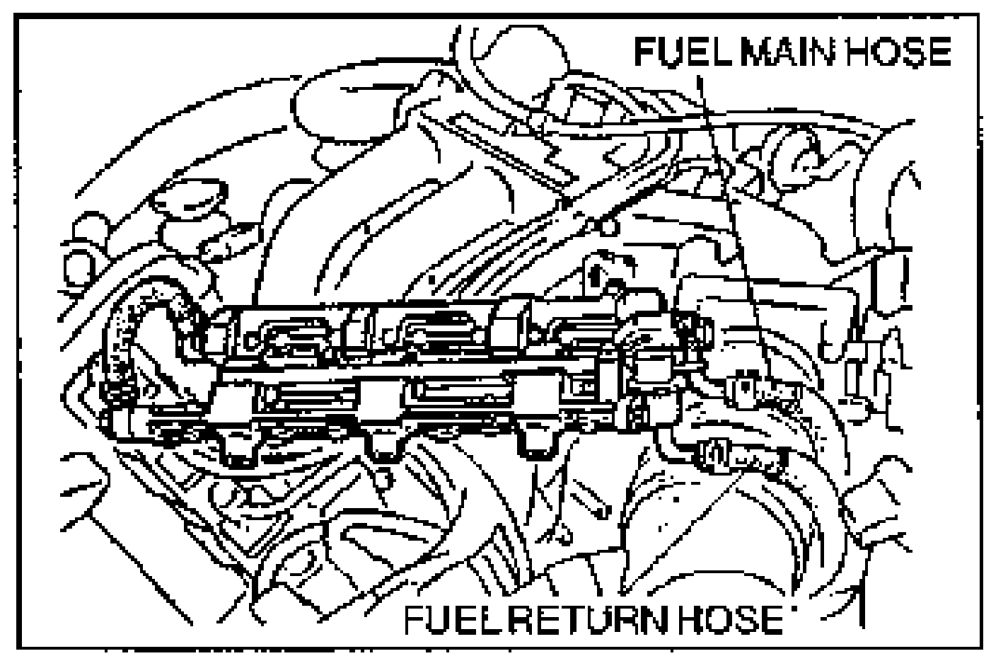 Engine bay drawing showing the fuel main hose and fuel return hose installed for the leakage test. Callouts: FUEL MAIN HOSE, FUEL RETURN HOSE.