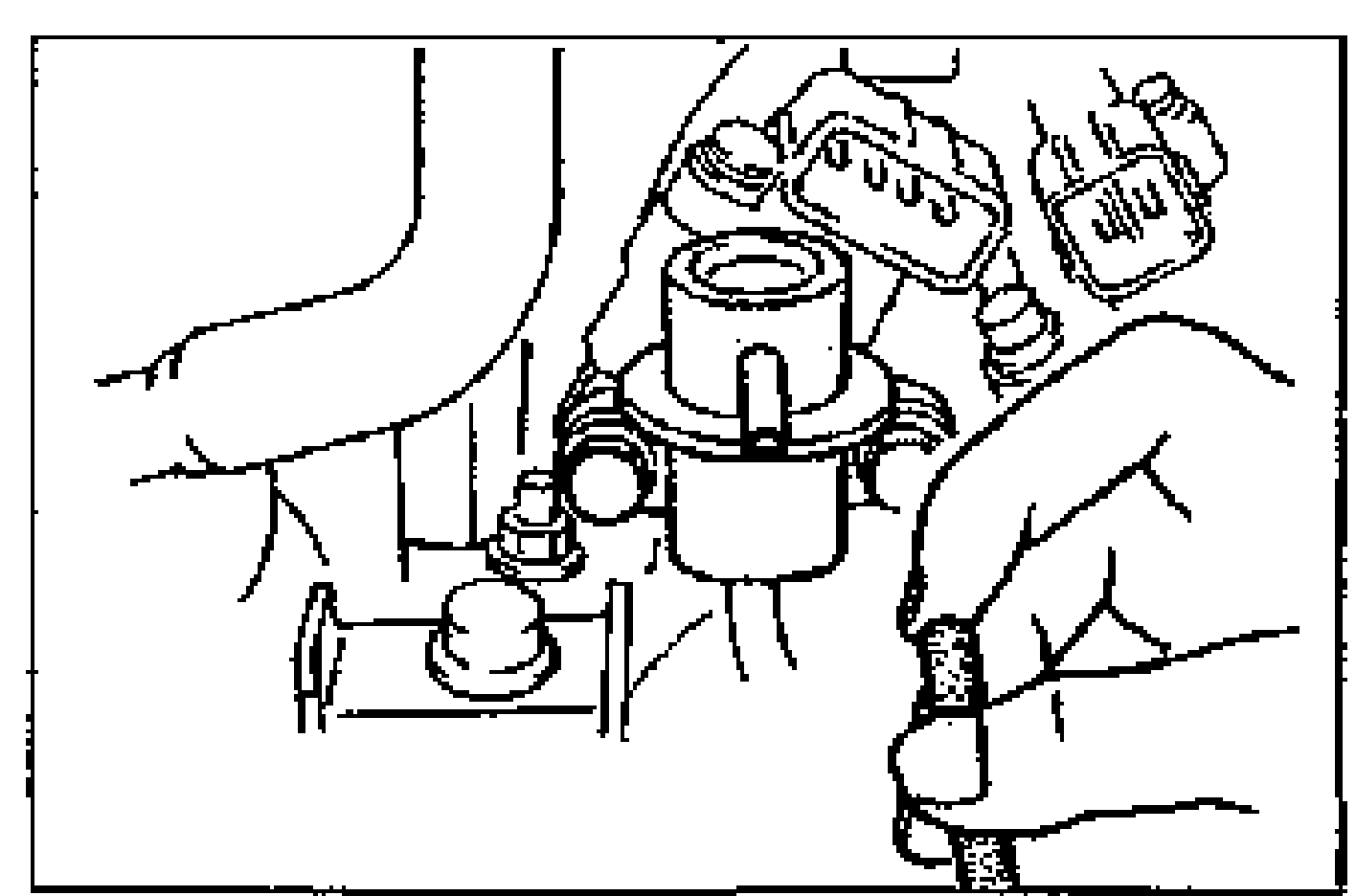 Engine bay drawing of a hand disconnecting the vacuum hose from the pressure regulator to verify that vacuum is felt.