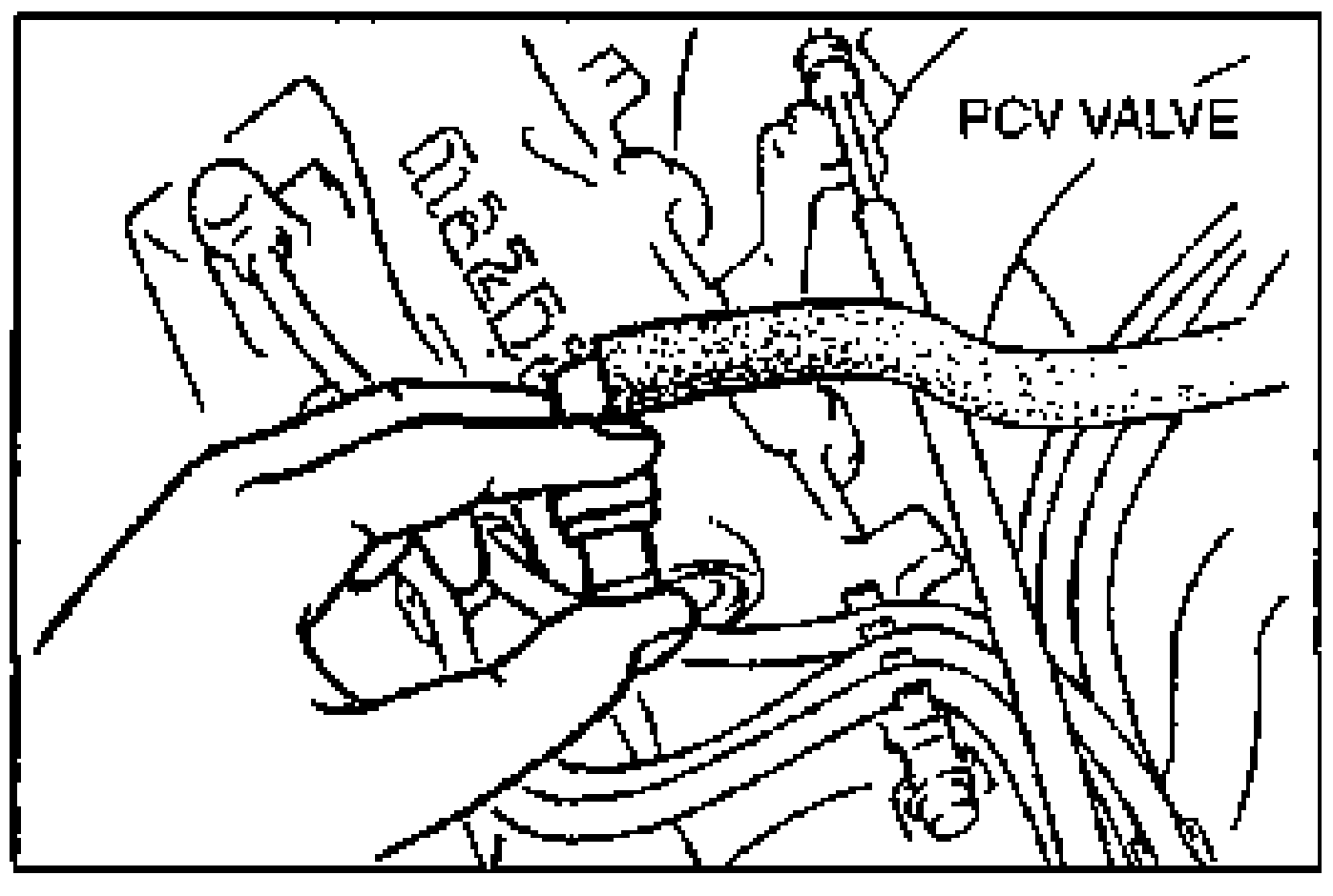 Close-up illustration of a hand disconnecting/holding the PCV valve and ventilation hose at the cylinder head cover in the engine bay. Labelled PCV VALVE.